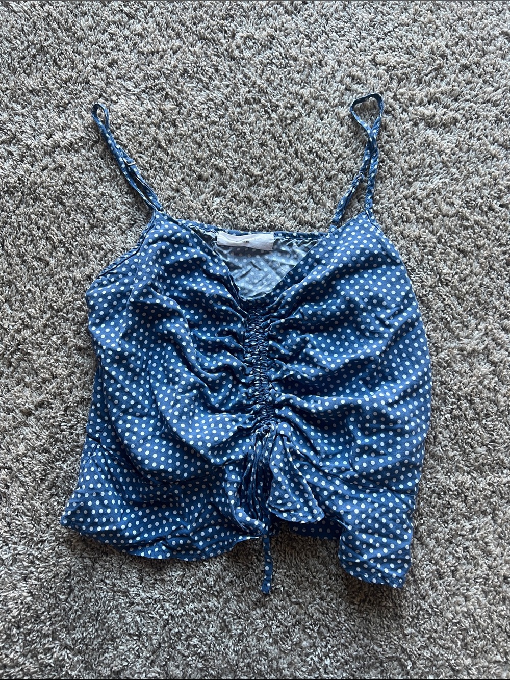Elodie Navy Blue Polka Dot Ruched Spaghetti Strap Cami